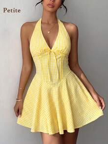 Soulscape Petite Women's Elegant Spaghetti Strap Mini Dress, Deep V-Neck Design With Adjustable Tie Back, Fitted A-Line Silhouette, Suitable For Summer Garden Parties, Outdoor Photography, Vacation, And Daily Sightseeing - Yellow - View 4