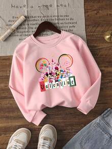 1pc Disney Valentine's Day Mickey Mouse & Friends Festive Castle & Fireworks Graphic Tween Girls Sweet Sweatshirt - Soft & Skin-Friendly, Ideal For Valentine's Day Outings & Casual Hangouts - Hồng - Xem 1