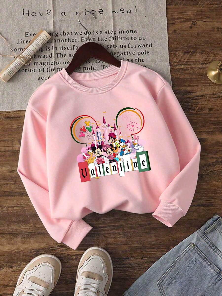 1pc Disney Valentine's Day Mickey Mouse & Friends Festive Castle & Fireworks Graphic Tween Girls Sweet Sweatshirt - Soft & Skin-Friendly, Ideal For Valentine's Day Outings & Casual Hangouts - Hồng - Xem 1