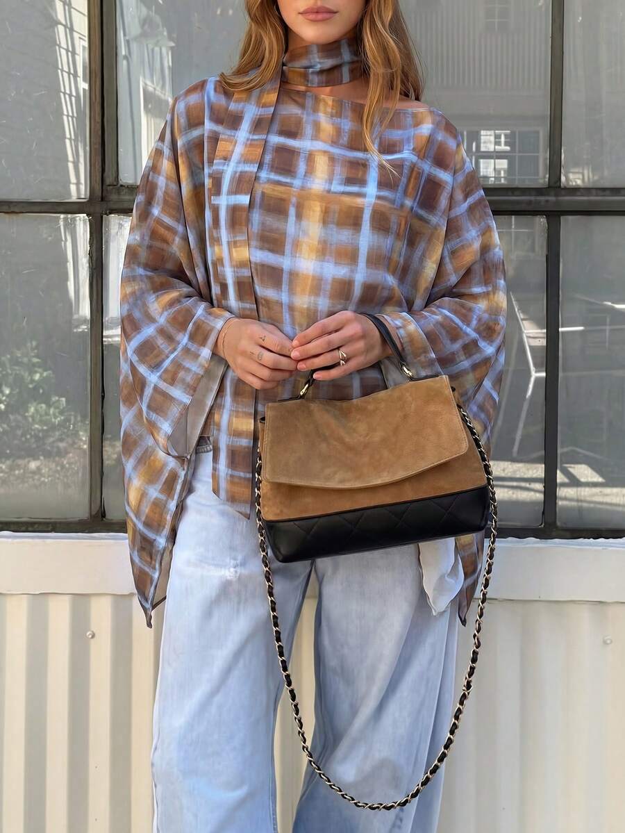 HoloChill 女士撞色格纹单肩长袖休闲上衣，2026 新款百搭套头衫配围巾（含围巾），夏季休闲装，女士春季服装，女士假日派对上衣，女士沙滩装，女士优雅夏季度假上衣 - 彩色 - 查看 1