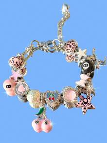 1pc Pink Leopard Print Star Girl Charm Bracelet, 1pc Cherry Heart 8 Ball Bracelet, 1pc Cute Bow Bracelet, 1pc Pink Star Cherry Bracelet - Silver - View 2