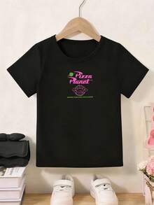 Disney-Sweet And Edgy Style At Its Peak! Toy Story Triplets Pizza Planet Kids T-Shirt Black And Pink Colorblock Cartoon Print 100% Cotton Loose Short Sleeve Top - 黑色 - 查看 3