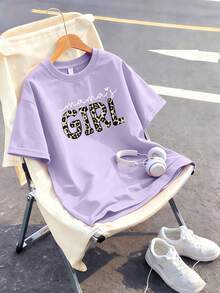 This Girls' Short-Sleeved T-Shirt Features A Unique Leopard Print Lettering And A Soft Crew Neck Design, Making It A Casual Purple T-Shirt - Mauve Purple - View 1