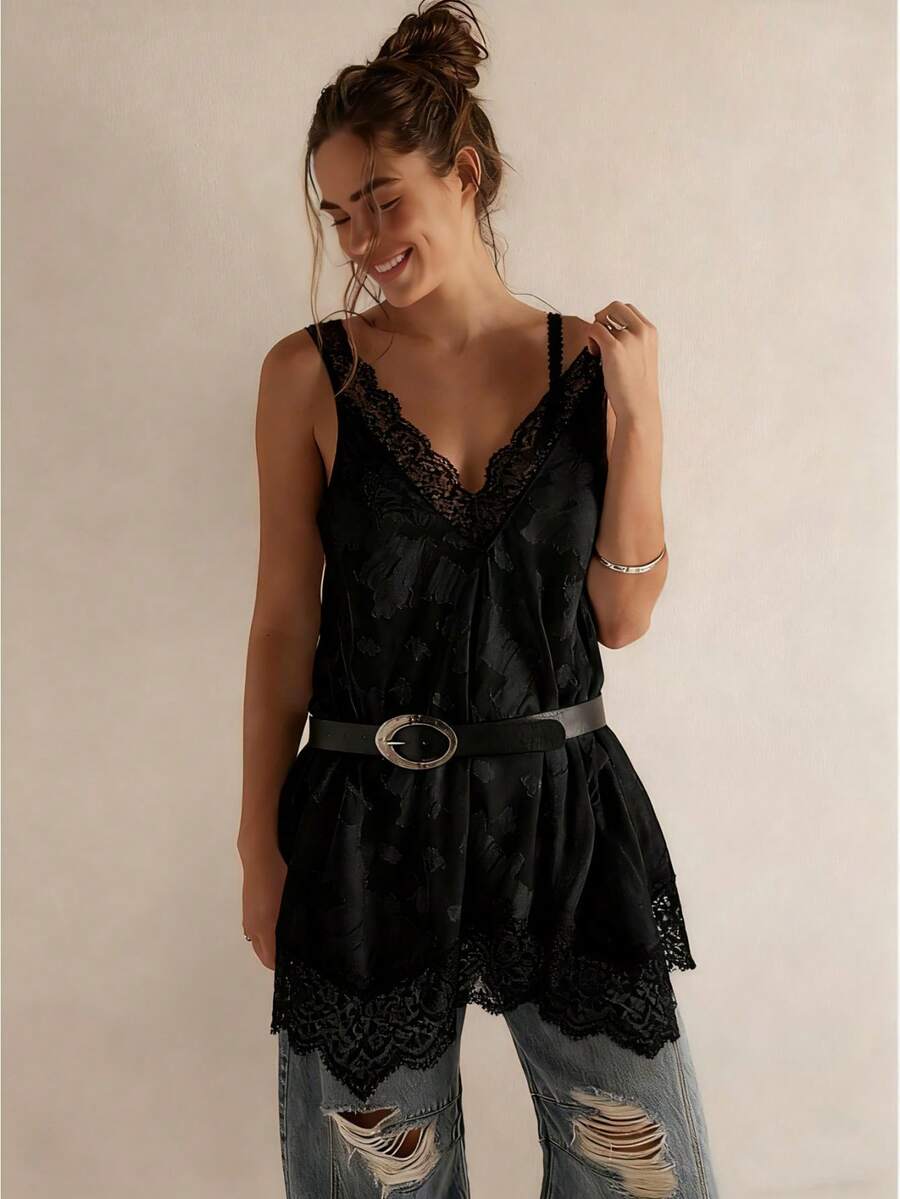 Women Summer Casual Sleeveless Vest Stylish V Neck Floral Lace Trimmed Tops - 黑色 - 查看 1