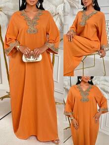 Bata elegante de unicolor para mujer Amarilo - Manga de murciélago con encaje primavera/verano - Naranja - Ver 1