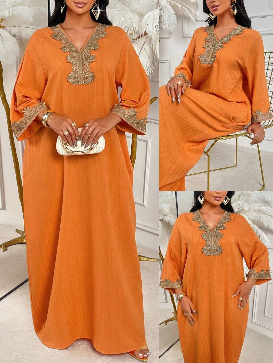 Bata elegante de unicolor para mujer Amarilo - Manga de murciélago con encaje primavera/verano - Naranja - Ver 1