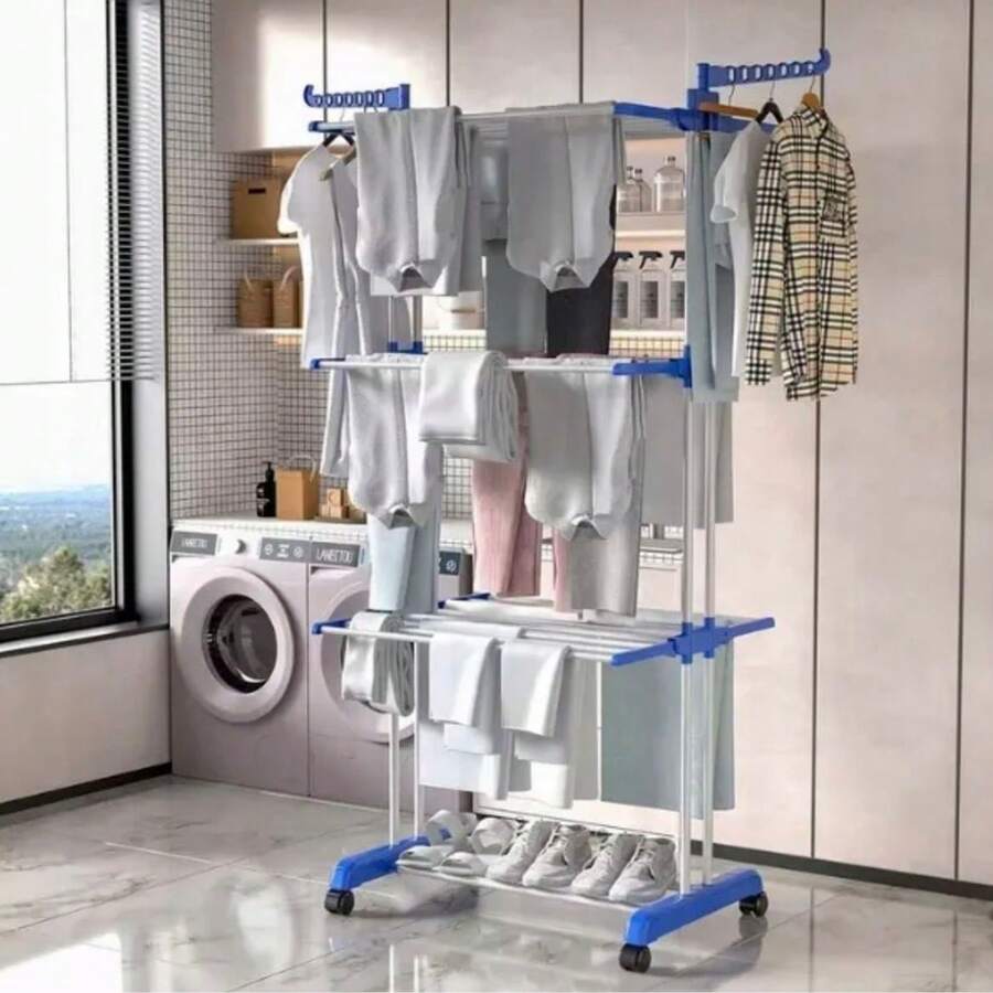 立式衣物烘干机，可折叠，三层设计，适用于衣物和内衣 - 白色 - 查看 1