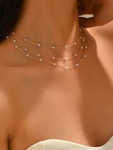 1pc Fashionable Minimalist Faux Pearl Layered Gold Chain Necklace, Suitable For Daily, Commute, Date, Beach, Vacation Wear, Valentine's Day, Birthday, Holiday Gift - Gold - View 3