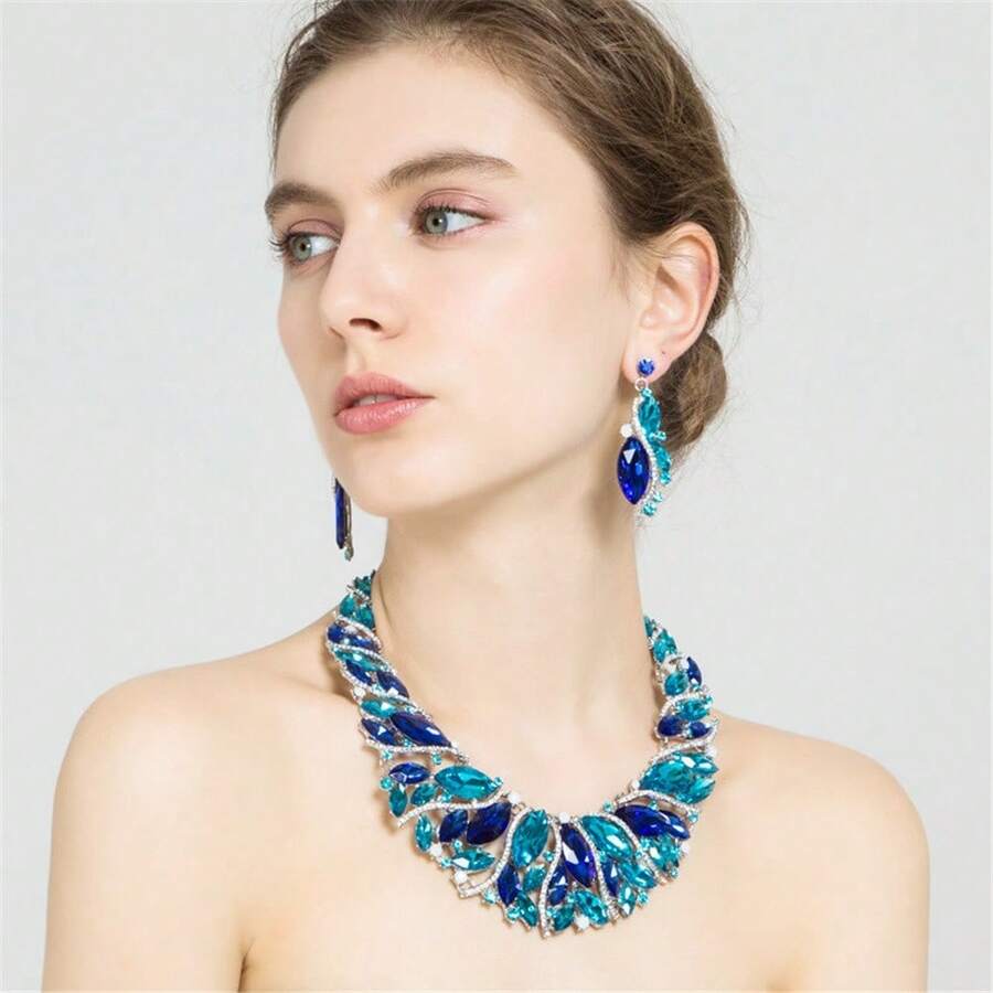 奢华蓝绿黄三色水晶项链耳环套装，时尚婚礼颈链吊坠，粗链金色情人节女士十字架夏季牛仔西部绿松石狂欢节吊坠复古串珠链波西米亚风