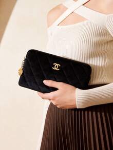 CHANEL Black Velvet Portable Makeup Bag, Lipstick Case, Coin Purse, Receipt Holder, Premium Camellia Flower Design - Black - View 6