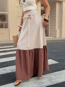 Vestido largo de estilo bohemio EARO para mujer, patchwork de pata de gallo en color café con volante en el bajo, corte evasé, exclusivo para vacaciones de verano - Marrón - Ver 4