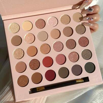 Paleta de sombras de ojos de 30 colores de rosa de roca con pincel, a prueba de manchas, sin polvo, tonos tierra mate y perlados, maquillaje de ojos ahumados, estilo Ins