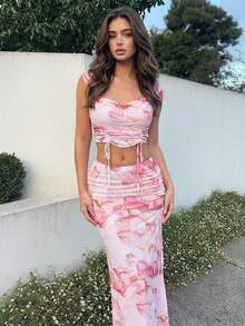 Women's Elegant Pink Marble Print Drawstring Crop Top & Midi Skirt Two Pieces Set, Chic Sexy Summer Outfit, Romantic Vacation Wear - Pink - View 3