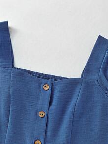 优雅法式纯色方领短袖女式衬衫，春夏修身设计，独特 - 藍色 - 查看 5