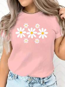 Valentine's Day European And American Spring Summer Women's Clothing Small Daisy Print Casual T-Shirt Loose And Comfortable Summer Tops White Top - 粉紅色 - 查看 12