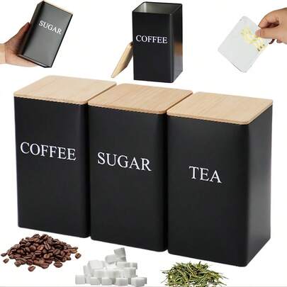 3 piezas Tarros de almacenamiento en blanco y negro, botes para café, azúcar y té, estilo minimalista creativo, buen sellado, sencillo y conveniente, duradero, con tapas de bambú impermeables, cajas de almacenamiento de café y té negro, regalo perfecto para el Día de la Madre y el Día del Padre
