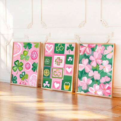 Juego de 3 carteles de lienzo con corazón irlandés de la suerte. Arte de pared con trébol juguetón. Póster decorativo del festival de arte del trébol de San Patricio. Decoración del hogar, decoración de la habitación, estética, pósteres de decoración de la habitación. Marco opcional