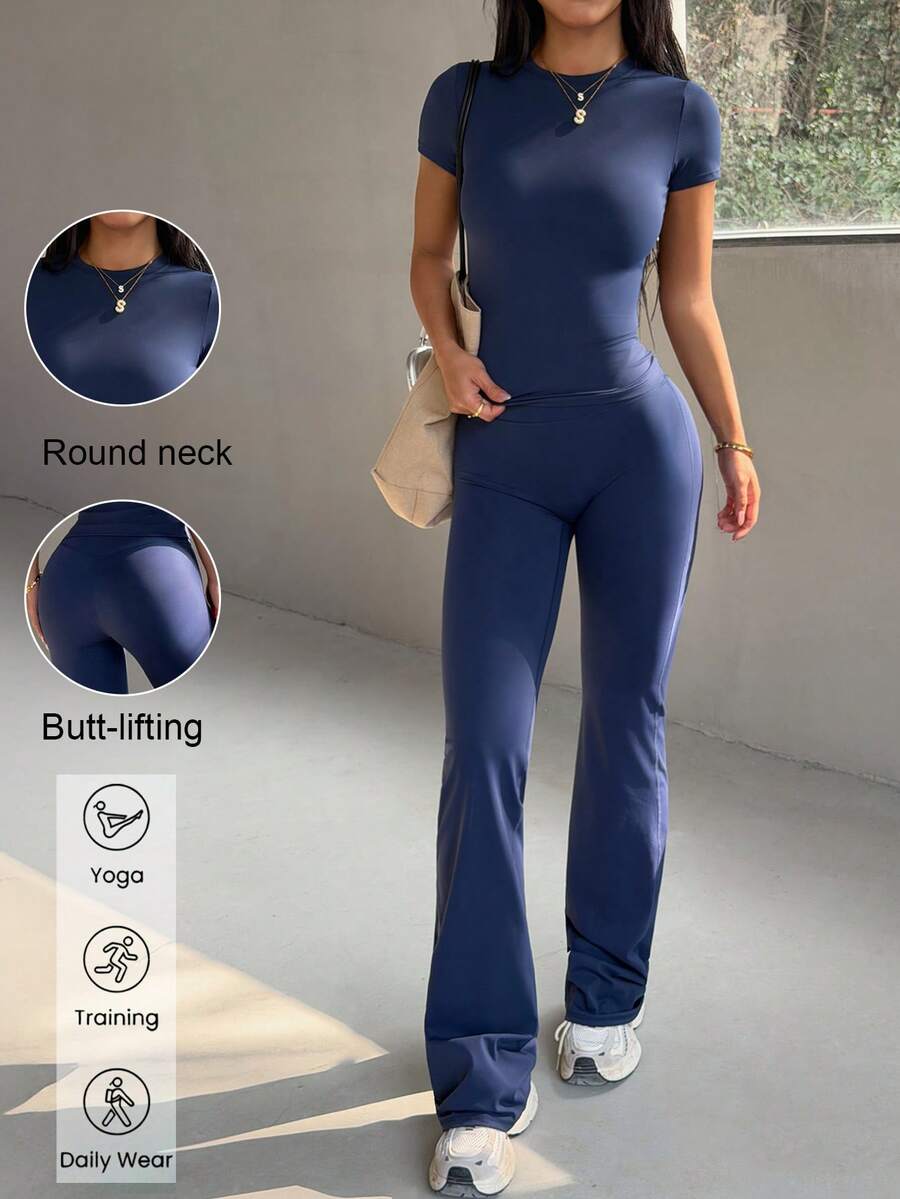 Aoqta Sports 女士夏季纯色休闲两件套，圆领短袖修身T恤搭配高腰塑身紧身裤，简约基础款，适合瑜伽、跑步、健身、日常穿着。 - 藏蓝色 - 查看 1