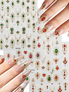 金色美甲贴纸 5D浮雕红绿宝石美甲贴纸 奢华自粘金色边框巴洛克美甲贴花 复古红宝石美甲贴纸 女士女孩美甲用品 1张 - 彩色 - 查看 2