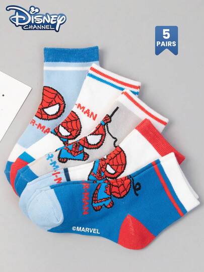 Disney 漫威 1/5 双装儿童袜子，超级英雄蜘蛛侠袜子，男童中筒袜，韩国卡通，四季皆宜，女童蜘蛛侠和超级英雄角色袜子