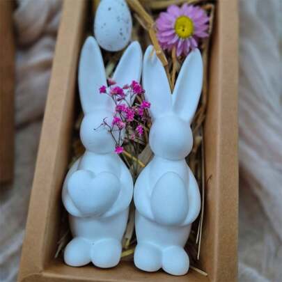 2pcs/Set Rabbit Figurines Holding Egg & Heart, Reusable Molds For Candle Making, Epoxy Resin, Clay And Plaster Crafts, Ideal For Easter, Valentine's Day And Spring Home Decor