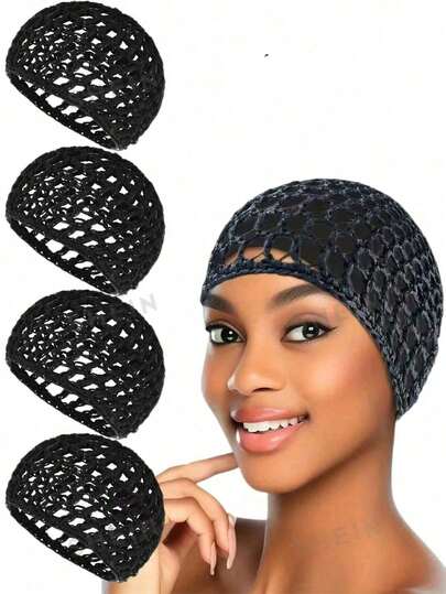Crocheted Mesh Hairnet Set, Knitted Scarf And Hat, Women'S Padded Hairnet, Sleep Scarf Cover, Black Hairnet, Long Straight Hair Protection Cap, Ballet Cap, Women'S Hairnet Head Net, Women'S Handmade Hat, African Hollow Knit Hat, Flat Knit Hat, Women'S Colorful Hat. Hair Styling Kit Hair Tool Kit