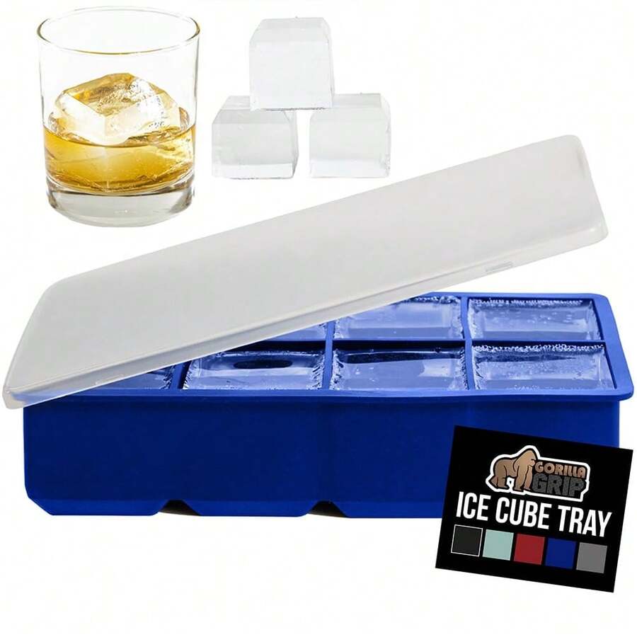 GORILLA GRIP Slow Melting Large Silicone Ice Cube Tray For Freezer, Easy To Push 8 Giant Square Cubes, Use For Cocktails, Iced Coffee, Water Bottle, Puree, Kitchen Bar Essentials, 1 Pack, Royal Blue - RoyalBlue - View 1