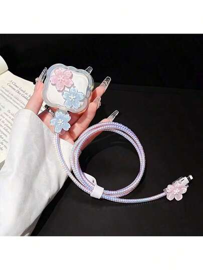 Set de 5 piezas Edición Campanilla Azul y Rosa Compatible con Cargador Apple de 20w, Cubierta de Protección de Carga Rápida 15/16, Juego de Cubiertas de Protección de Cable de Datos, Diseño Anti-Enrollamiento, Compatible con Cargador 18-20w y Cubierta de Protección de Cable de Datos Apple