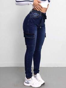 Jeans Ajustados de Cargo de Cintura Media con Cordel de Lavado Negro/Azul Oscuro para Mujer, Pantalones Modernos y Elegantes - Azul lavado oscuro - Ver 5