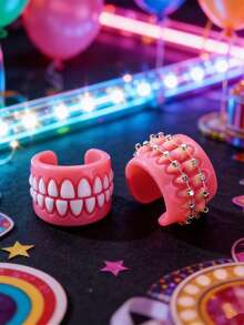 2 piezas de anillos con forma de dientes divertidos, anillos abiertos encantadores, diseño creativo de dibujos animados de material acrílico, anillos de moda - Multicolor - Ver 18