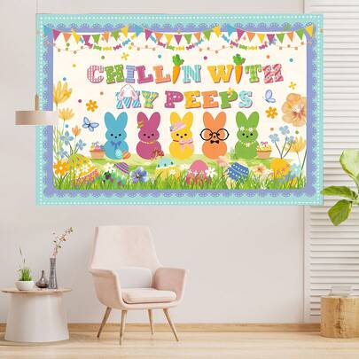 2D Flat Banner, 1pc Chillin With My : Colorful Bunnies, Cute Eggs, Bright Flowers, Playful Butterflies Polyester Backdrop, For Party Decor Farm, Garden, Home, Room, Club, No Electricity, This Is A Wonderful Gift For