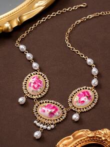 1 件复古时尚奢华仿珍珠椭圆花卉印花水钻宫廷风格流苏项链 - 金黃色 - 查看 5