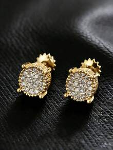 2 Pcs Round Threaded Zirconia Men's Earrings Couple Gold Plated Multicolor Hip Hop Music Festival Party New Year Valentine's Day Gift For Lovers - Earrings - View 1