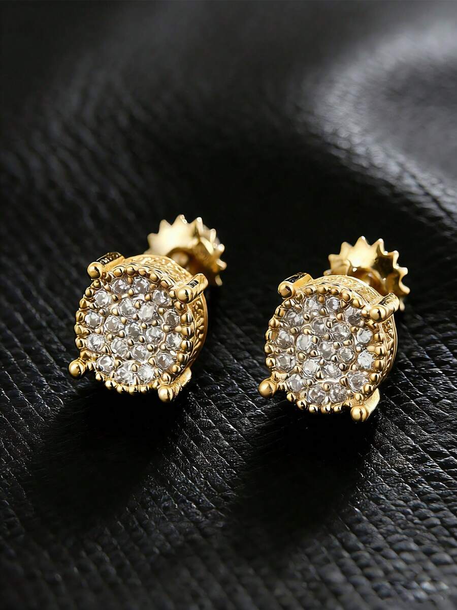 2 Pcs Round Threaded Zirconia Men's Earrings Couple Gold Plated Multicolor Hip Hop Music Festival Party New Year Valentine's Day Gift For Lovers - Earrings - View 1