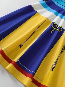 4-7 Years Old Girls' Dress, Puff Sleeve Design With Cute Cartoon Print Details, Fashionable And Stylish Dress For Family Outing, Casual Wear, Holiday Party, Daily Outfit - Multicolor - View 7