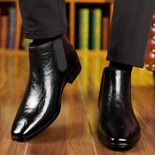 Men's Faux Leather High Gloss Chelsea Boots - Elastic Side Panels, Comfortable Durable Footwear For Daily Casual, Office & Formal Events - 黑色 - 查看 2