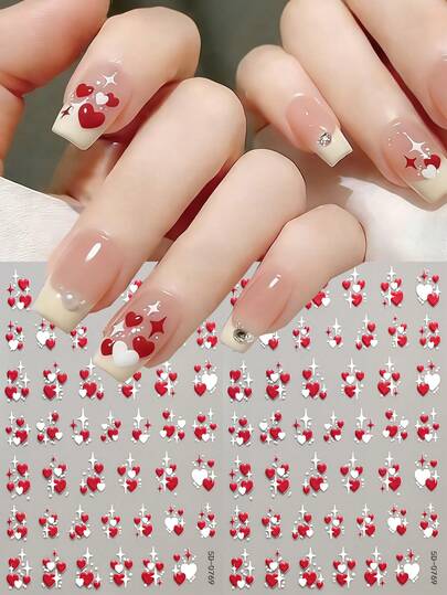 2Sheets 3D Valentine' S Day Heart Nail Art Sticker,2pcs Red White Cross Stars Self-Adhesive Nail Decals,Res Love 3D Women DIY Y2K Kawaii Heart Nail Stickers