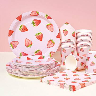 Strawberry Pattern Disposable Tableware Set, 7/9 Inch Party Plates, Disposable Paper Plates, Napkins, Cups, Suitable For Festivals, Weddings, Engagements, Birthdays, Parties, Celebrations