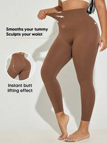 Plus Size Women High Waist Slimming Shaping Leggings, Compression Tight Pants - Brown - View 3