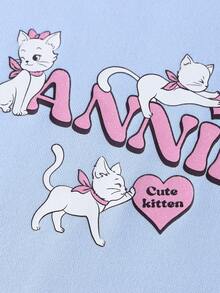 Annil Girls' Breathable And Comfortable Round Neck Long Sleeve Sweatshirt, New Spring Style, Sweet And Versatile Cat-Themed Base Layer - String Blue - View 4