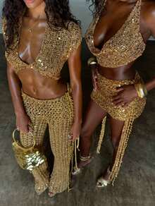 GY27027 Sexy Hot Girl Hollow Out Beaded Set (Bag Not Included) - Pants Set - View 2