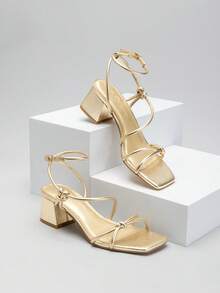 Athlefit Strappy Heels For Women Dressy Open Square Toe Heeled Sandals Low Chunky Block Heels Dress Shoes For Prom Wedding - 金色 - 查看 2