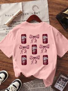 Maglietta a maniche corte da ragazza con stampa leopardata, fiocco e grafica "soda", collo rotondo, comoda, nuova collezione primavera/estate abbigliamento bambini - Rosa - Visualizzare 1