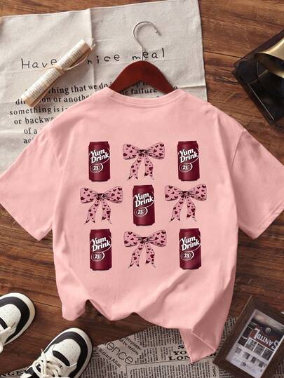 女童豹纹蝴蝶结汽水图案圆领短袖T恤，舒适新款春夏童装