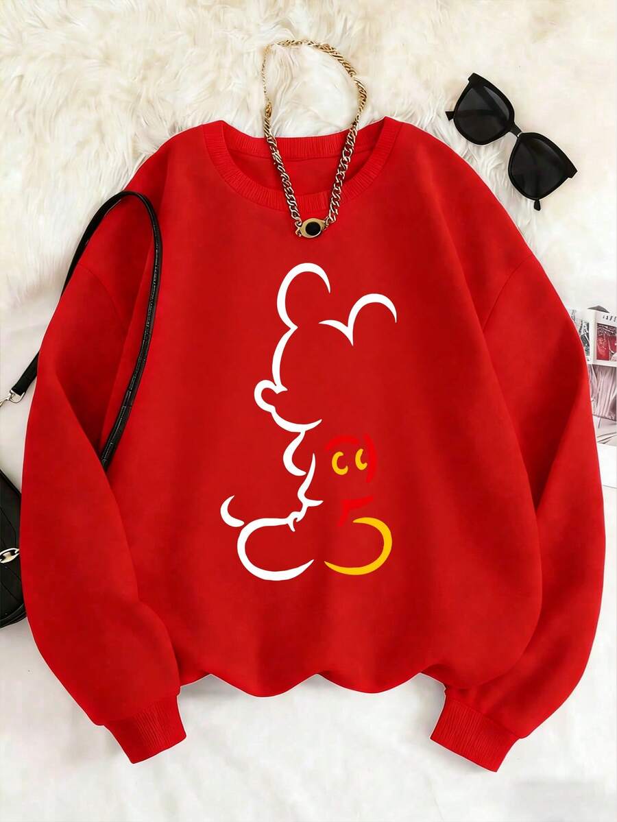 1pc Disney Mickey Mouse Minimalist Line Art Print Toddler Boys Cute Sweatshirt, Soft & Comfortable, Perfect For Daily Play & Casual Outings - 紅色 - 查看 1