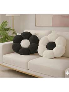 2 Pieces Daisy- Ultrashaped-Soft Plush Seat/Mat - 45x45 Cm - Made In Türkiye - Black and White - View 4
