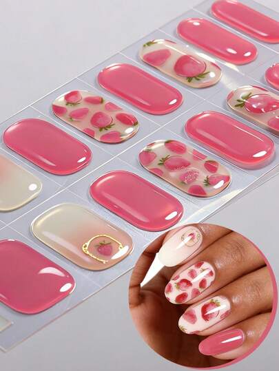 16pcs Pink Golden Foil Semi Cured Gel Nail Strips, Strawberry Fresh Style Self-Adhesive Gel Nail Full Wraps, Easy To Manicure, Salon Quality, Nail Stickers For Women Home DIY. Nails