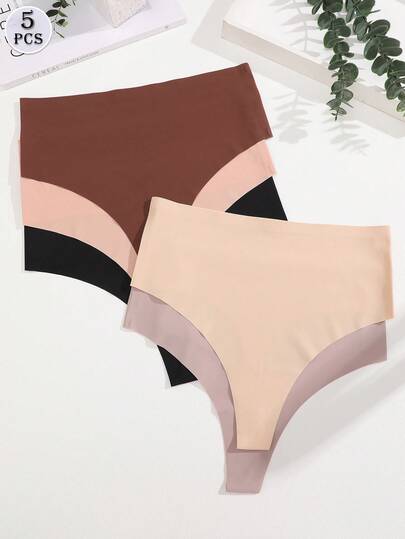 5 piezas Tanga de mujer de cintura alta sin costuras, ropa interior de mujer con borde enrollado antideslizante y anticurvas, tallas XS-XXL