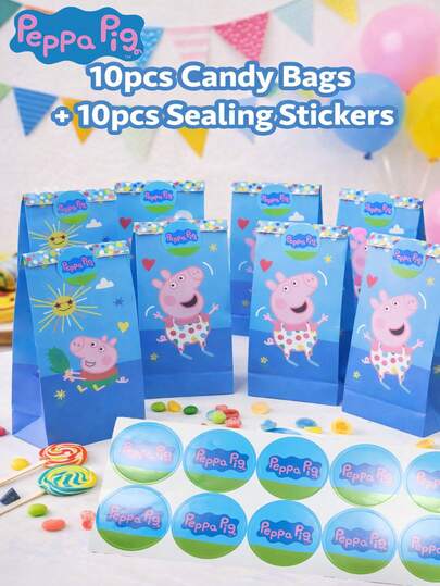  10PCS Hasbro Officially Licensed Peppa Pig Cartoon Candy Box Gift Bags Party Favor Packaging Bags With Free Peppa Pig Sealing Stickers Cartoon Design Birthday Party Goodie Bags Candy Treat Loot Bags Event Celebration Supplies For Friends Family