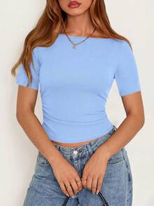 Fall New Arrival Women's Long-Sleeve Top Crop-Top Style Casual Outerwear Boat Neck With Bell Sleeves Ribbed Pleated Design Millennial-Inspired Fashion - 淺藍 - 查看 1